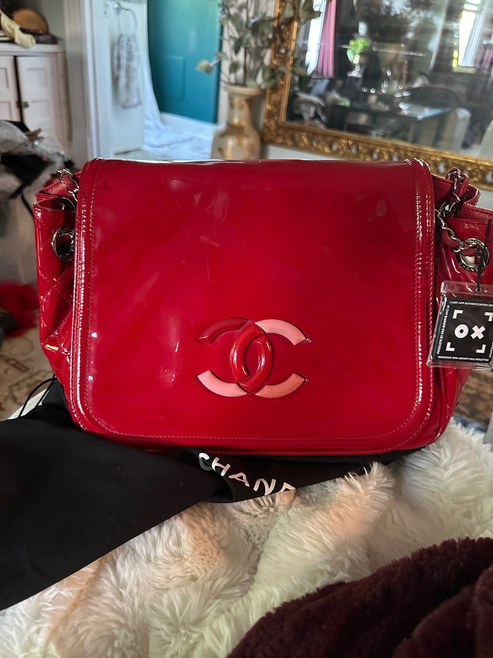 CHANEL Red Patent Leather Lipstick CC Flap Shoulder Bag